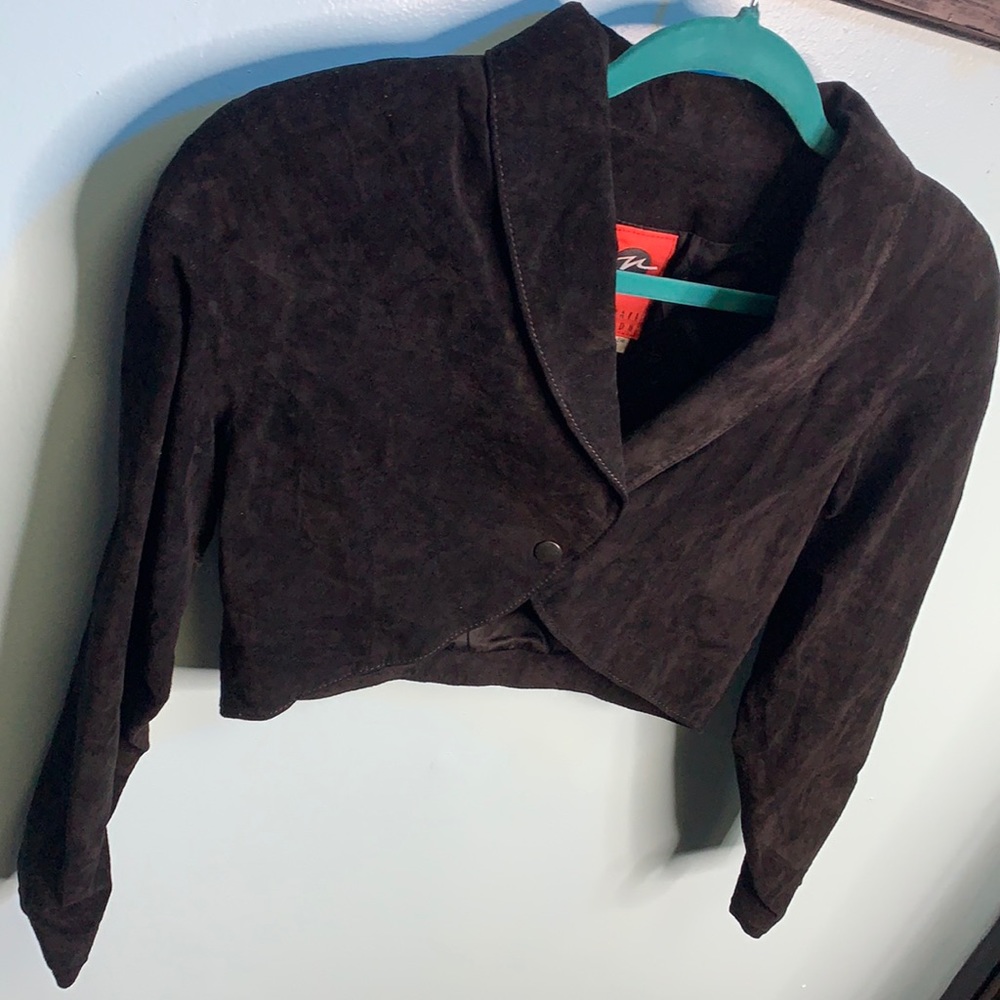 Vintage Black Suede Cropped Jacket with shoulder pads